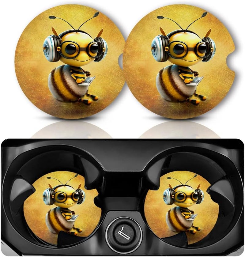 Yonlevres Bee Car Coasters - Anti Slip Rubber Mat with Finger Notch, 2 Pack for Car Cup Holders, Cute Interior Accessories - Image 1